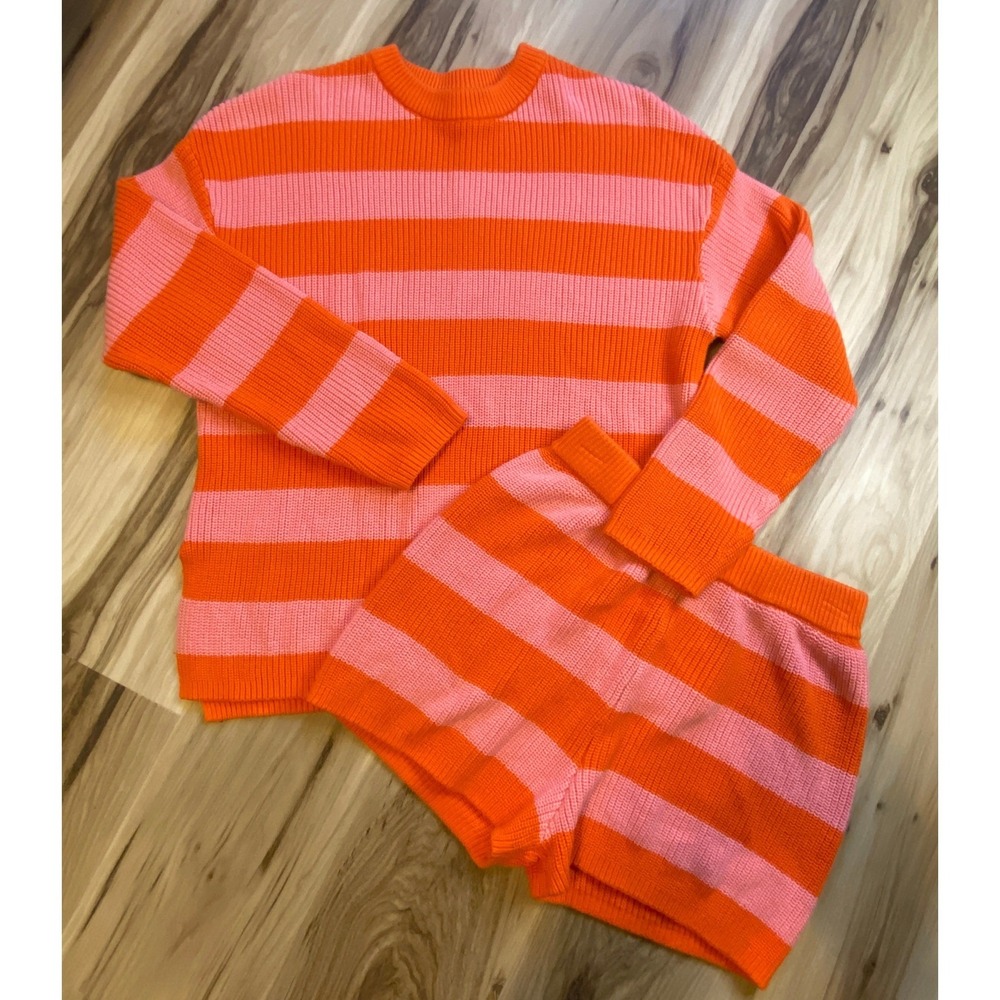 PrettyGarden Orange Pink Striped Knit 2 Piece Set Sweater and Shorts Small
